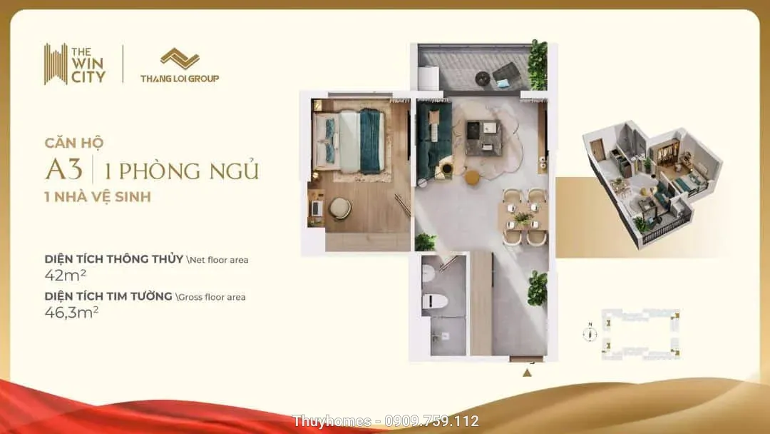 Mặt bằng căn hộ A3 1PN 1WC The Win City