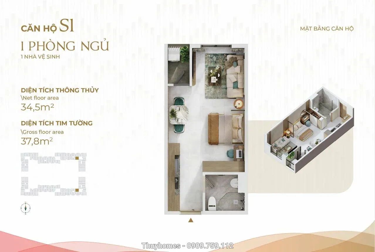 Mặt bằng căn hộ S1 1PN 1WC The Win City